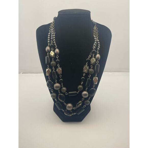 J Jill Multi Strand Beaded Black Gray Stone Chain Necklace B8 - Picture 3 of 10